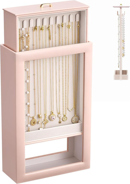 Lolalet Upgraded Double-Sided Hanging Necklace Organizer Box, Jewelry Display Case with Double-Sided Clear Window for Necklaces Bracelets, Tangle-Free Necklace Storage Box, Pink, 1-Layer 20 Hooks