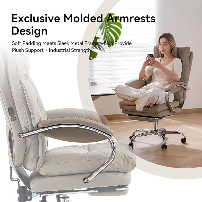 LEAGOO Heated Massage Office Chair with Foot Rest, Reclining Ergonomic Executive Office Chair with Massager for Lower Back, High Back PU Leather Comfy Heated Computer Desk Chair with Wheels, Khaki
