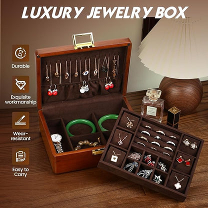 Solid Walnut Wood Jewelry Box with Lock,2 Layer Velvet Wood Jewelry Organizer Storage Lined for Earrings Rings Necklaces Bracelets Cufflink Gift Idea for Men Women, Vintage Brown