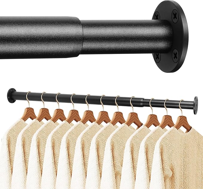 Adjustable Closet Rods for Hanging Clothes 17 to 56 inch Black Heavy Duty clothes rod for closet, Laundry, Bathroom, RV Closet Organization and Storage