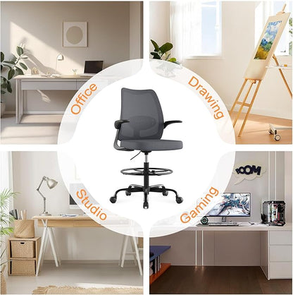 Tall Drafting Chair Ergonomic Home Office Desks Chairs Standing Desk Chair with Flip-up Armrests Adjustable Height Breathable Mesh Office Chair with Lumbar Support and Adjustable Footrest Ring Grey