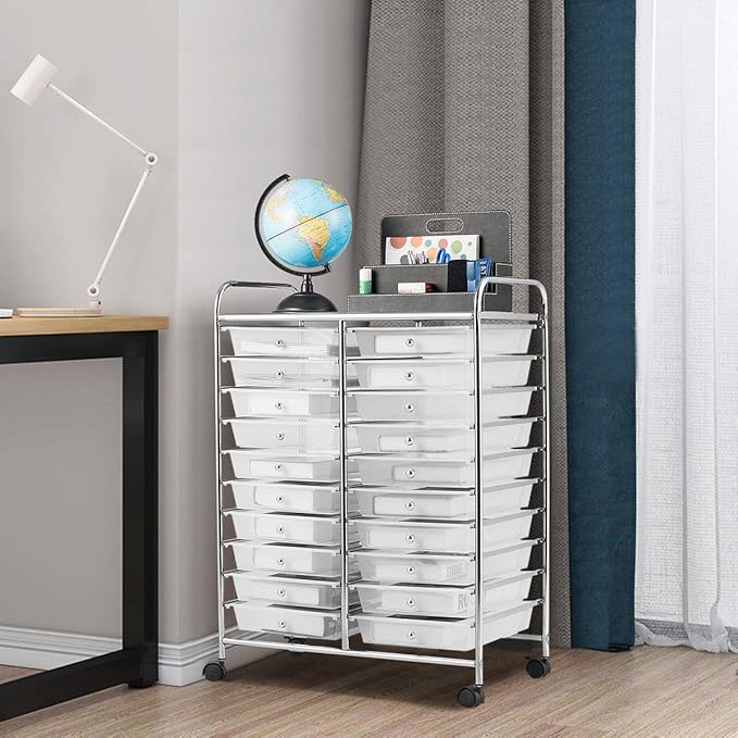 Giantex Storage Drawer Carts, 20-Drawer Organizer, Utility Cart on Wheels, Semi-Transparent Multipurpose Cart for Home Office School Supplies Tools Scrapbook Paper