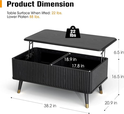 JOINICE Lift Top Coffee Table with Storage, Modern Black Fluted Design, Pop-Up Center Table with Hidden Compartment for Living Room & Home Office Work/Dining