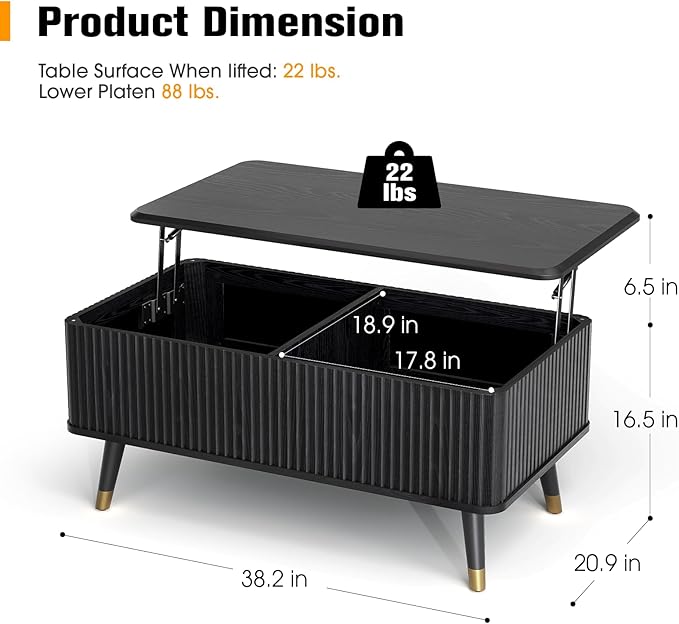 SULIVES Lift Top Coffee Table with Storage,Fluted Coffee Table with Lifting Top,Mid Century Modern Center Table with Solid Wood Legs,Small Coffee Tables for Living Room,Black