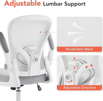 Ergonomic Office Chair, Computer Desk Chair with Adjustable Lumbar Support and Flip-up Armrests, Rocking Function, Comfy Mesh Office Desk Chair for Home Office, Grey