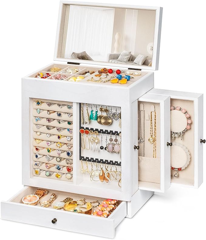 Honiway Jewelry Box for Women, 5 Layer Rustic Wooden Jewelry Organizer with Glass Window, 4 Drawers, Mirror, Large Jewelry Storage Display for Earrings Rings Necklaces Bracelets (Weathered White)