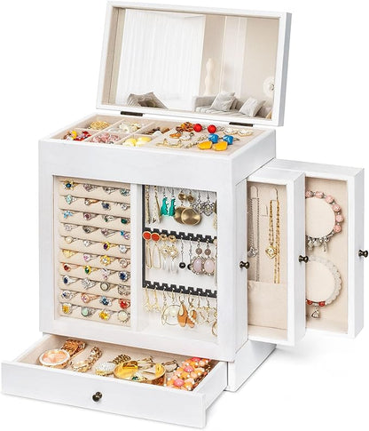 Honiway Jewelry Box for Women, 5 Layer Rustic Wooden Jewelry Organizer with Glass Window, 4 Drawers, Mirror, Large Jewelry Storage Display for Earrings Rings Necklaces Bracelets (Weathered White)