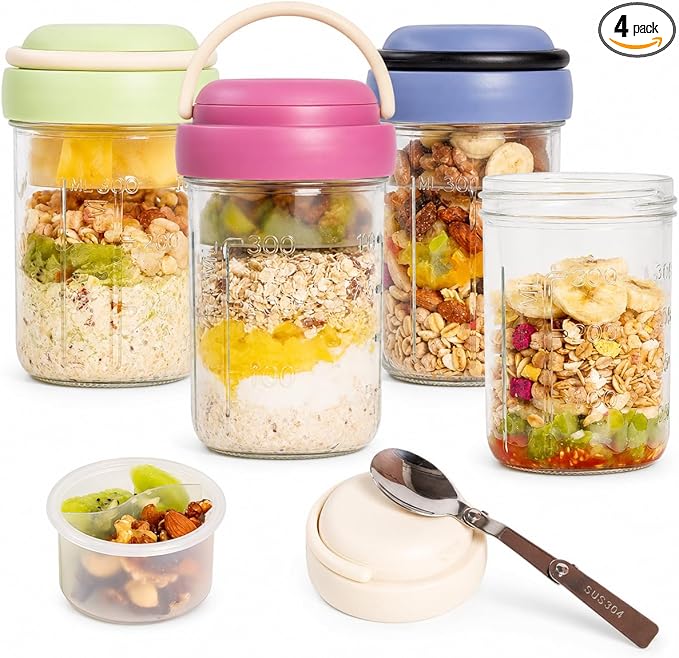 Overnight Oats Containers with Handles & Lids – 16oz Glass Mason Jars with Spoons & Fruit Compartments, Chia Pudding Jars with Lids, 4 Sets (Cream, Dark Blue, Purple, Green)
