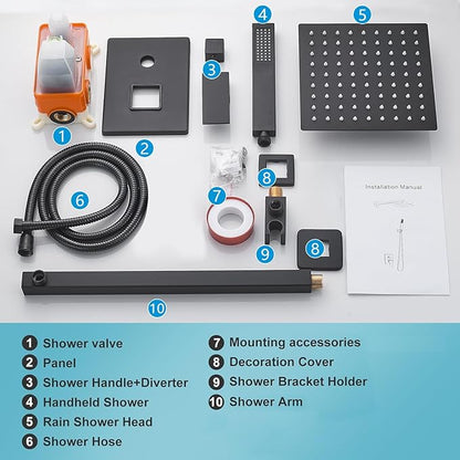 Matte Black Shower Head and Handle Set 10 Inch, Rain Shower Head with 2 Hooks, Luxury Rain Shower Set Square Wall Mount for Bathroom with Rain Shower and Handheld Shower System