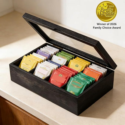 Alsonerbay Wooden Tea Box Tea Bag Holder Kitchen Storage Chest Box for Spice Pouches and Sugar Packets with 8 Compartments and Glass Window Weathered Black