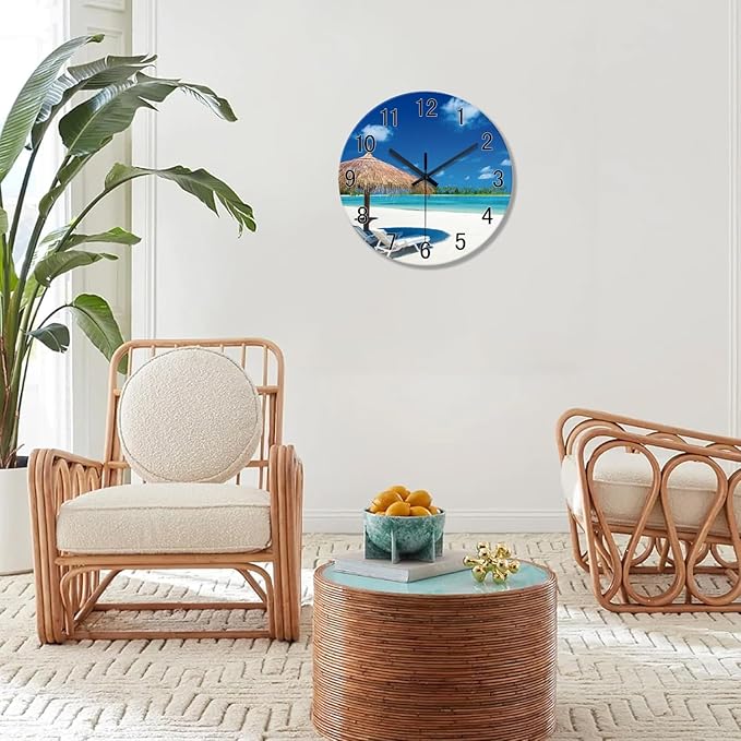 XFM Blue Beach Wall Clock 12 Inch Silent Glass Wall Clocks Battery Operated Tropical Summer Coastal Clock Decorative for Bedroom Living Room Office