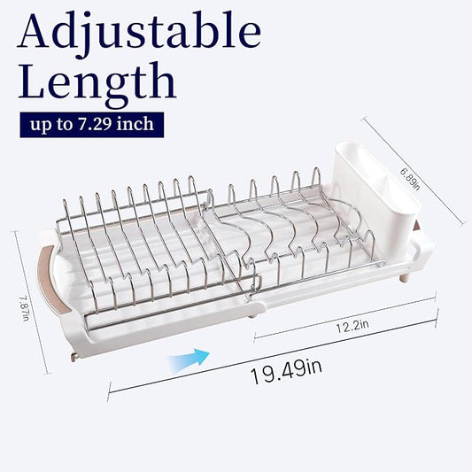 Dish Drying Rack Compact Expandable - A Space-Saving, Stainless Steel, Rust-Resistant Dish Drainer for Kitchen and Apartment Countertops/Sink Cabinets, Extendable from 11.42 to 19.9 inches (White)