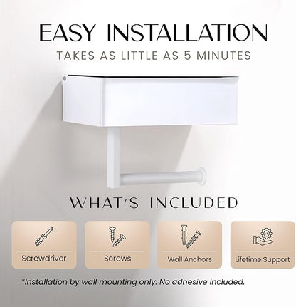 Day Moon™ White Toilet Paper Holder with Shelf - Wipe Holder for Bathroom, Flushable Wipes Dispenser, Toilet Paper and Wipes Holder