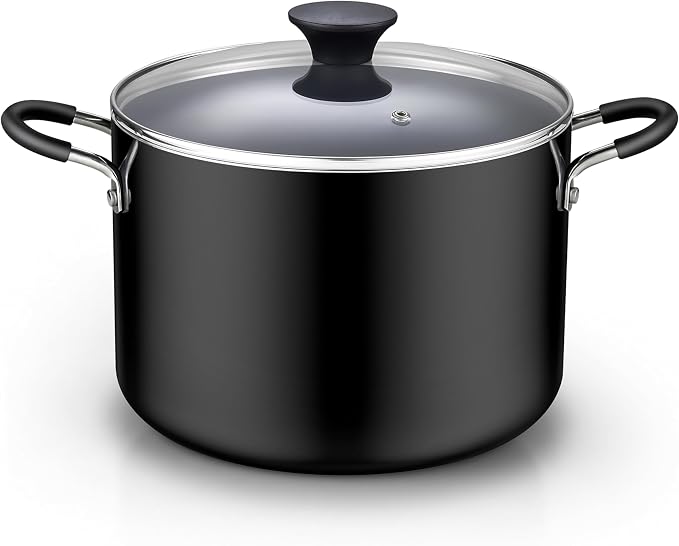 Cook N Home Professional 8 Quart Nonstick Stock Pot with Lid, Riveted Handles, Big Soup Pot for Holiday Feasts, Stockpot with Even Heating, Induction Cookware, Oven & Dishwasher Safe, Black