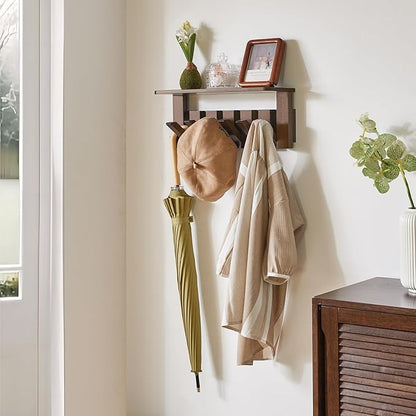 YMYNY Coat Rack Wall Mount with Shelf, Wall Shelf with Retractable Hooks, Wooden Wall Coat Rack for Entryway, Bedroom for Hanging Clothes/Coats/Keys/Hats/Towels/Bags, Walnut, HWS008H