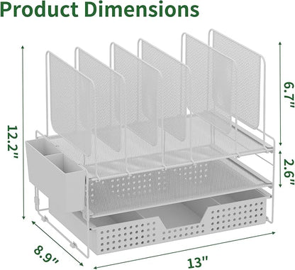Desk Organizer, Office Organization with Vertical File Holder, File Organizer with Drawer and Pen Holder, Desk Accessories and Workspace Organizers for Home Office (White)