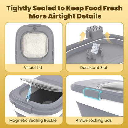 HOYTAMDA 25-35Lbs Rice Container,Collapsible Airtight Food Storage Containers with Wheels,Handle,Rice Storage Container with Small Bin and Scoop,Rice Dispenser for Flour Sugar Cereal Grain Dog Cat