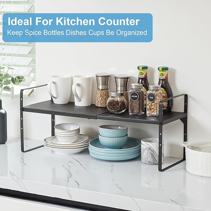 15.5 to 25.5 Inch Kitchen Cabinet Shelf Organizers, Adjustable Kitchen Counter Shelf Organizer, Set of 4 Expandable Countertop Storage Shelves, Stackable Design, 30LBS Heavy Duty, Space Saver