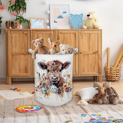Cow Laundry Basket, Farmhouse Floral Cow Waterproof Collapsible Laundry Hamper Dirty Clothes Storage Toy Bin Organizer for Bathroom Bedroom Nursery Girls Kids Room