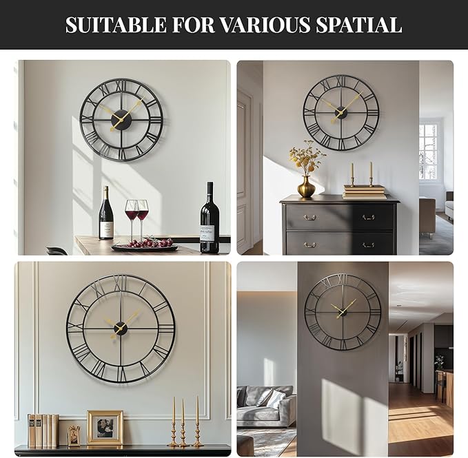 Cuspin 20 Inch Wall Clock Large Clock Battery Operated, Black Metal Round Wall Clocks Modern Silent Non-Ticking Decorative Clock for Living Room Bedroom - Roman Numerals