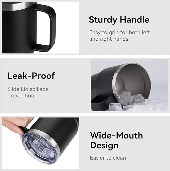 20oz Tumbler Bulk with Lid, Stainless Steel Tumbler Bulk with Handle, Metal Insulated Travel Coffee Mug Set with Handle, Double Wall Vacuum Leak Proof Tumbler Cup, Black 12 Pack