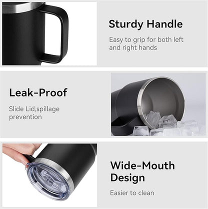 20oz Tumbler Bulk with Lid, Stainless Steel Tumbler Bulk with Handle, Metal Insulated Travel Coffee Mug Set with Handle, Double Wall Vacuum Leak Proof Tumbler Cup, Black 12 Pack