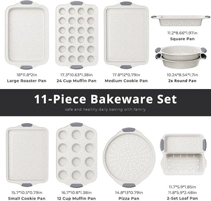 11-Piece Nonstick Baking Pans Set, Stackable Non Toxic Bakeware Sets with Cookie Sheets, Cake Pan, Loaf Pan, Pizza Pan, Muffin Pan, White&Gray