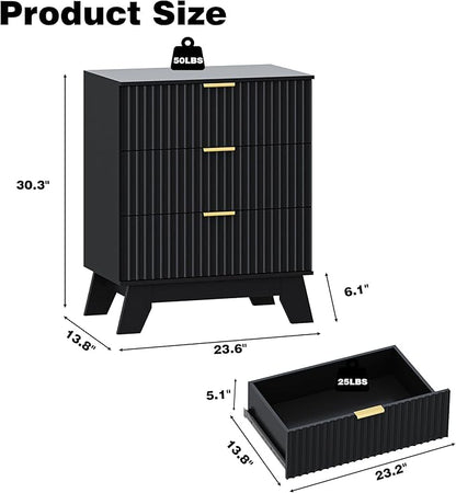 Fluted 3 Drawer Dresser for Bedroom, Mid Century Modern Beside Table with Metal Handle, Wooden Nightstand with 7 Drawers End Table for Living Room, Closet, Entryway, Black