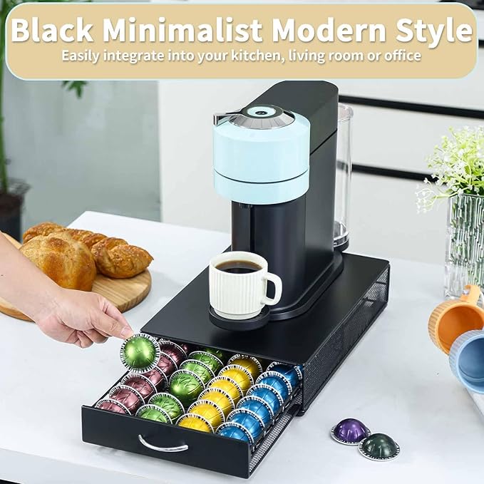 FlagShip Vertuo Pod Holder Drawer with Black Metal,Compatible for Nespresso VertuoLine Pods,Holds up to 40 Big Vertuo Pods,Smooth Pull-Out Design,Fits Under Coffee Makers (10.4''W x 15.2''D x 3.6''H)