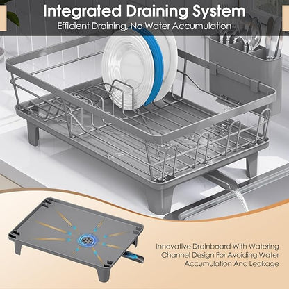 Dish Drying Rack for Kitchen Counter, Sink Dish Rack with Drainboard, Large Dish Drainer with Cups Holder, Home Countertop Plate Dryer Storage Rack with Cutlery Holder, Gray