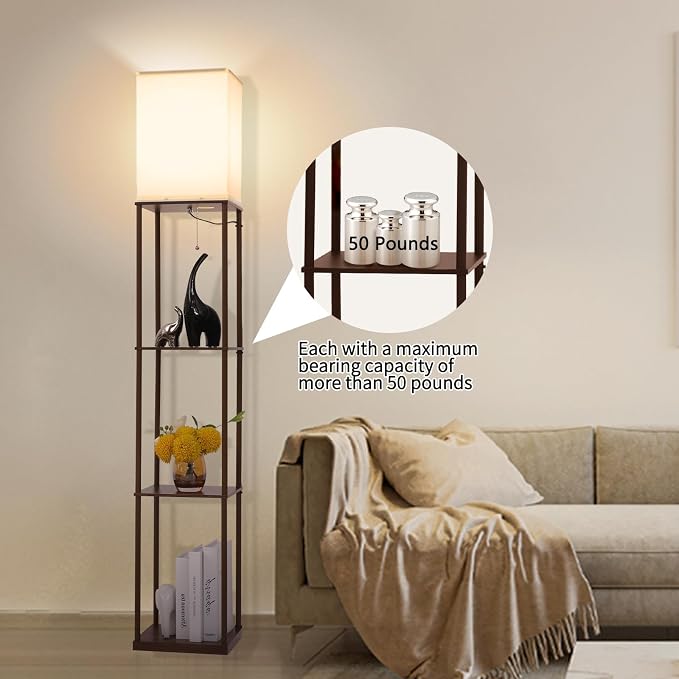 Gupuzm Floor Lamp with Shelves, with Modern Square Standing Lamp with Smart APP Control RGB Bulb, Corner Display Bookshelf Lamp for Living Room, Bedroom and Office(brown-9RGB)