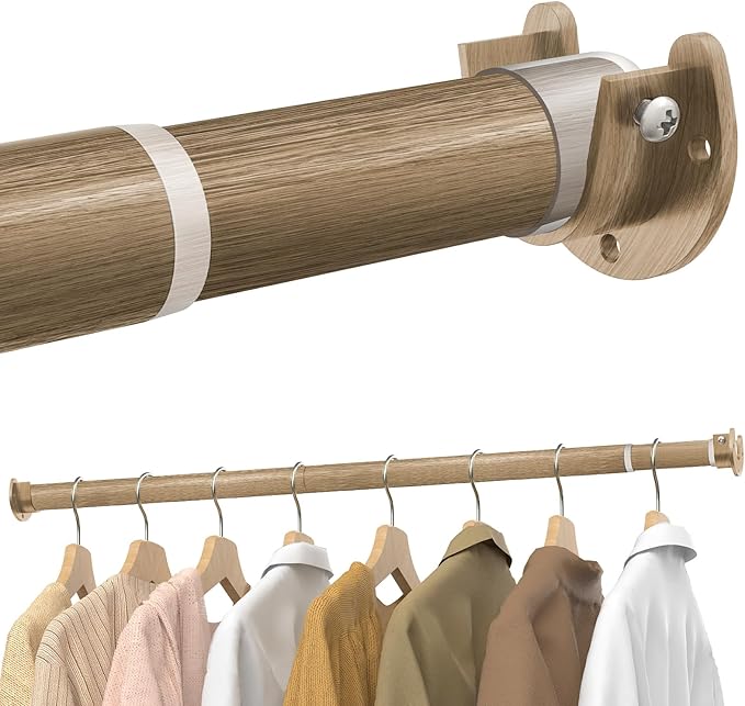 Supforce Closet Rods for Hanging Clothes, 17 to 69 Inches Stepless Adjustable Metal Closet Rod, 1.3 Inches Heavy Duty Clothes Hanging Rod for Closet Wardrobes Laundry RV(Wood Grain)