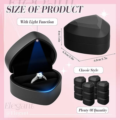 Yinkin 12 Pcs Black Velvet Jewelry Boxes LED Light Display Ring Necklace Bracelet Chain Gift Box Bulk Wedding Proposal Anniversary (Ring Box,Heart Shape)