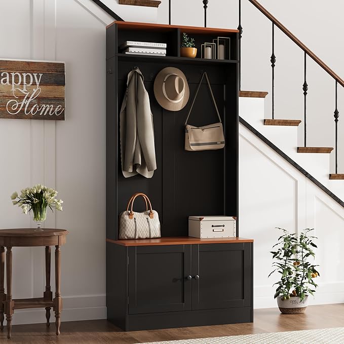 Entryway Hall Tree with Bench and Storage, 5-in-1 Farmhouse Coat Rack with 7 Hooks, Bench with Coat Rack with Storage Shelves for Hallway, Hallway, Black