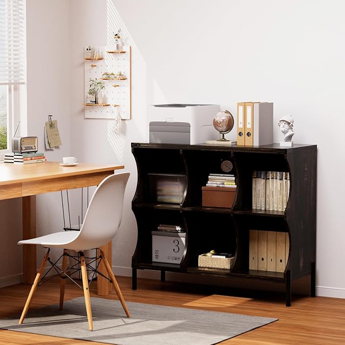 6 Cube Book Shelf, Low and Short Bookshelf, Long Cube Storage Organizer Wood TV Stand, Toy Organization DVD Cabinets for Living Room, Office, Bedroom, Dorm, Dark Brown with Dark Brown Top