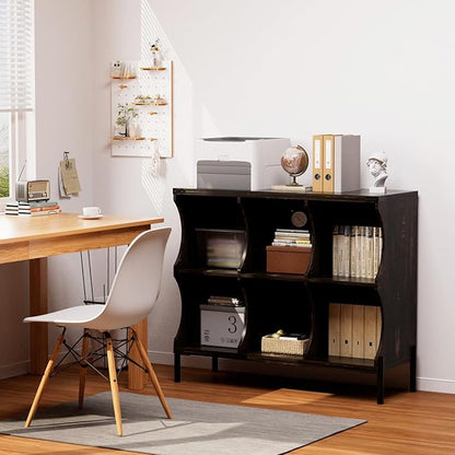 6 Cube Book Shelf, Low and Short Bookshelf, Long Cube Storage Organizer Wood TV Stand, Toy Organization DVD Cabinets for Living Room, Office, Bedroom, Dorm, Dark Brown with Dark Brown Top