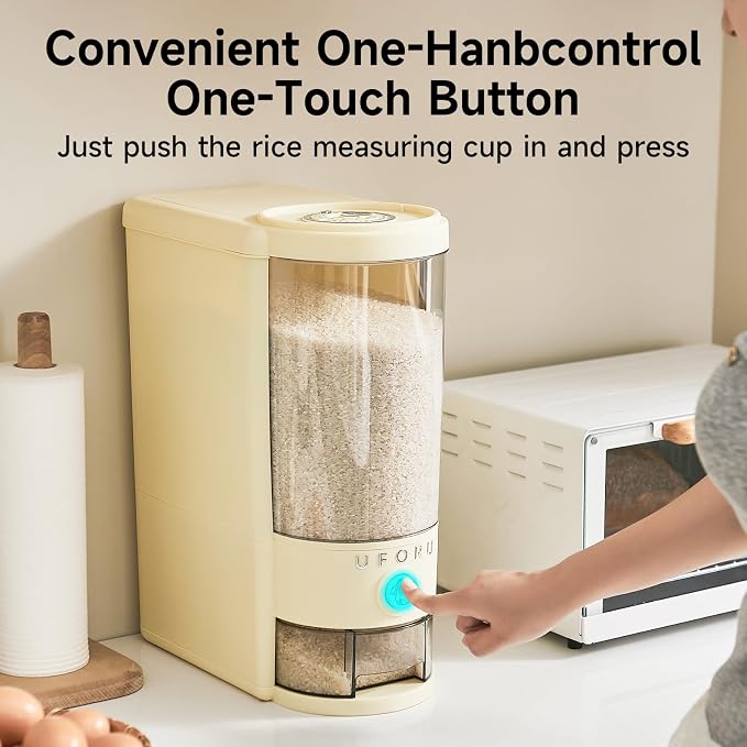 UFORU Rice Dispenser 10 lbs | Large Rice Storage Container for Kitchen&Pantry - Space-saving, Moisture & Pest-proof, BPA-Free - Dry Food Dispenser with One-Touch Dispenser & Measuring Cup for Families