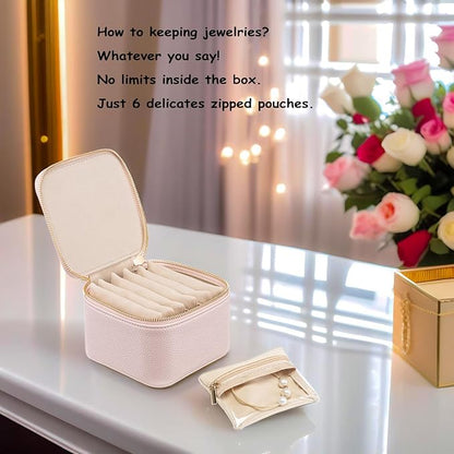 Vlando Travel Jewelry Box Organizer - 6 Small Velvet Zipped Pouches Pockets for Jewelries Necklaces Rings Earrings Sorting Storage, Rosy Mauve