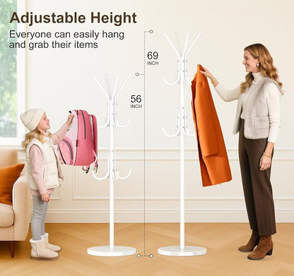 MISSLO Heavy Duty Coat Rack Freestanding with Stable Wood Base Modern White Coat Tree with 12 Hooks Adjustable Coats Hanger Stand Stylish Standing Clothes Tree for Entryway Bedroom Corner Hall