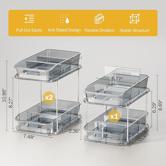 Delamu 2-Tier Under Sink Organizers and Storage, Multi-Purpose Stackable Bathroom Cabinet organizers, Pull Out Kitchen Pantry Organization and Storage with Dividers(3 Pack, Grey)