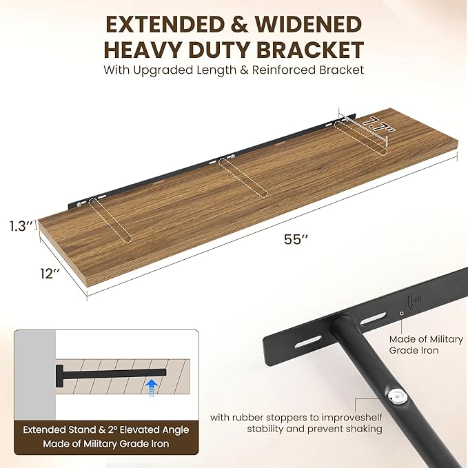 Dreamland 55" Floating Shelves for Wall, 12" Deep Slim Walnut Floating Shelves, Wall-Mounted Shelves for Bedroom, Living Room, Kitchen, Bathroom - Set of 2