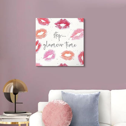 Pink Preppy Wall Decor Red Lip Canvas Wall Art Sexy Lips Painting Inspirational Quote Wall Art Kiss Posters for Bedroom Bathroom Makeup Room Decor 12x12Inch