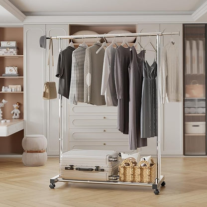 Clothing Rack for Hanging Clothes, Stainless Steels Rolling Clothes Rack, Coat Rack, Garment Rack, Portable Closet Rack, Free Standing Clothes Rack with Wheels, Adjustable Length