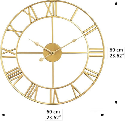 LEIKE Large Modern Wall Clocks,24" Gold Metal,Rustic,Round,Silent Non Ticking,Battery Operated Roman Numerals Clock for Living Room/Bedroom/Kitchen Wall Decor-(Gold, 60cm)