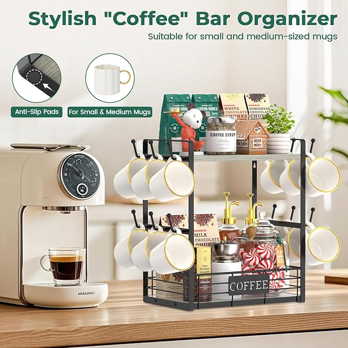 EsLuker.ly Coffee Mug Cup Holder Stand Bar Station Organizer for Countertop, Multi-Functional 2 Tier Mug Tree Rack for Kitchen, Storage Shelf with 12 Hooks, Light Grey-Black(Patented Design)