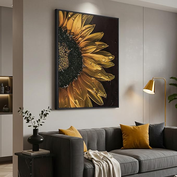 Framed Sunflower Wall Art, Modern and Elegant Floral Canvas Prints Paintings Artwork for Walls, Minimalist Yellow Flower Pictures for Living Room Dining Bedroom Loung Fireplace Wall Decor 24x36 In