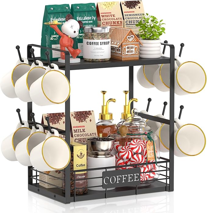 EsLuker.ly Coffee Mug Cup Holder Tree Bar Station Organizer, 2 Tier Mug Stand Rack for Countertop Kitchen, Storage Tower Display Shelf with 12 Hooks, Coffee Nook Enhancer, Black
