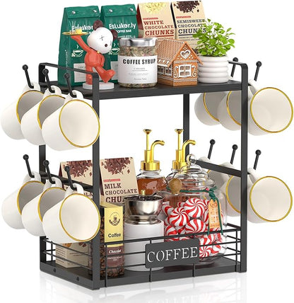 EsLuker.ly Coffee Mug Cup Holder Tree Bar Station Organizer, 2 Tier Mug Stand Rack for Countertop Kitchen, Storage Tower Display Shelf with 12 Hooks, Coffee Nook Enhancer, Black