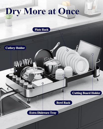 Kitsure Dish Drying Rack - Expandable Stainless Steel Dish Racks for Kitchen Counter, Auto-Drain Drying Rack for Kitchen with Cutlery Holder & Non-Slip Feet, 16.1-26.6" L x 12.6" W, Black