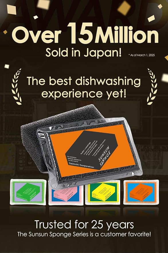 SunSun Sponge Kitchen Sponges, Made in Japan All Surface Scratch-Free Odor Resistant Durable Long-Lasting Sponge for Dishwashing, Monochrome, 4 Count